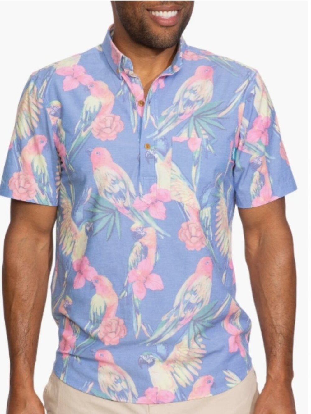 chubbies The Stay Fly Blue Tropical Parrot Hawaiian Floral Popover Camp Shirt